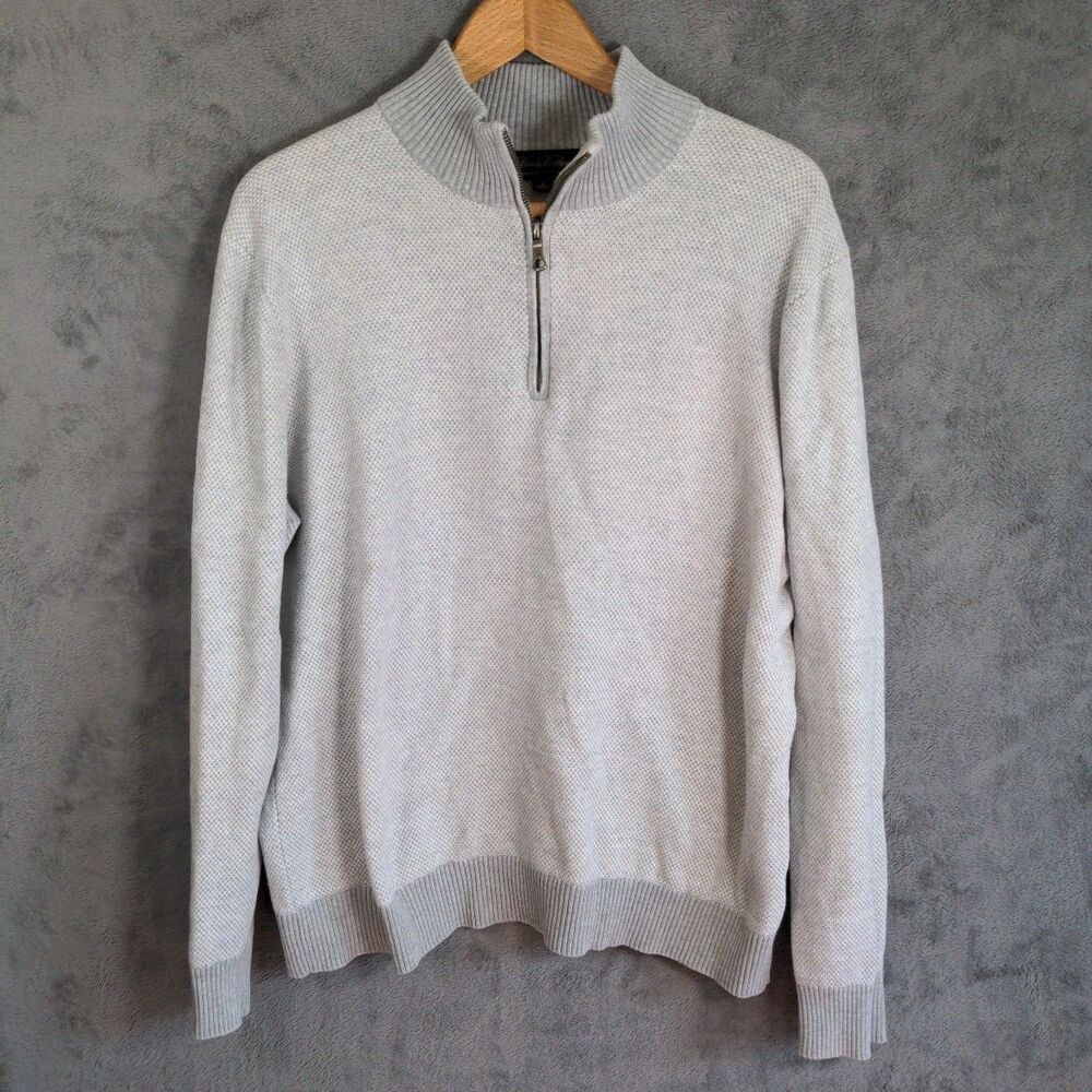 Brooks Brothers 1/4 Quarter Zip Waffel Knit Sweater Mens L Gray Supima Cotton